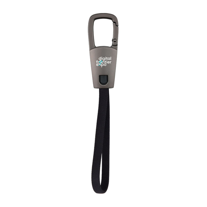 ClipIt Carabiner Cable - A grey carabiner cable with a black strap, featuring a logo on the front.