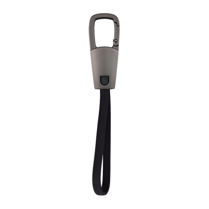 ClipIt Carabiner Cable - A grey carabiner-style clip with a black strap, designed as a charging cable accessory.