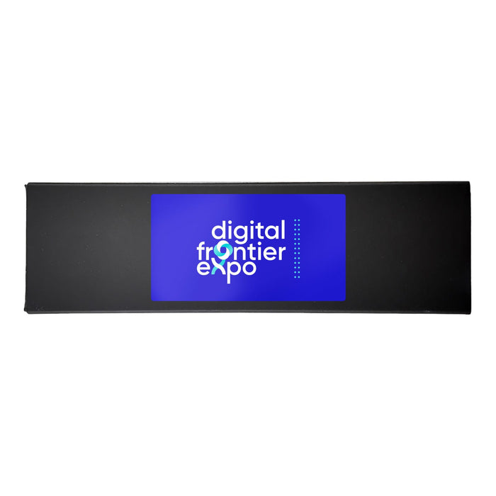 ClipIt Carabiner Cable - A rectangular black promotional item with a blue screen displaying the text "digital frontier expo" and a logo.