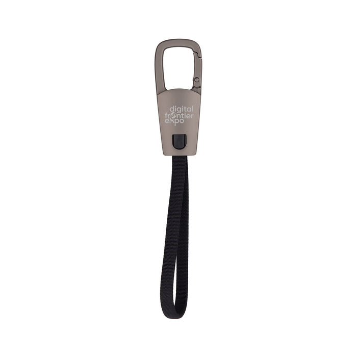ClipIt Carabiner Cable - A grey ClipIt Carabiner Cable with a strap, featuring a logo, designed for charging devices.