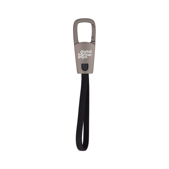 ClipIt Carabiner Cable - A grey carabiner clip with a black strap, featuring a branding logo on the front.