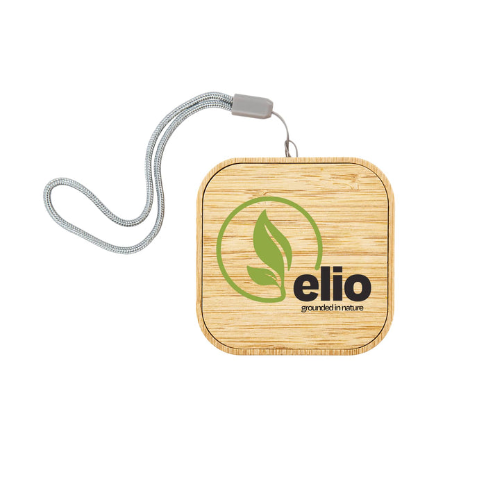 Reveal Square Wireless Charger Set - A square wireless charger in bamboo with a logo and a woven strap for easy carrying.