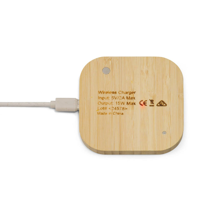 Reveal Square Wireless Charger Set - A square wireless charger made of bamboo with a cable connected, featuring a logo and minimal design.