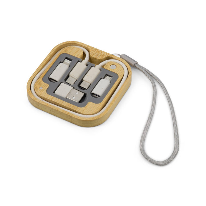 Reveal Square Wireless Charger Set - A wireless charger set in a square bamboo casing, featuring multiple charging cables and a grey interior.