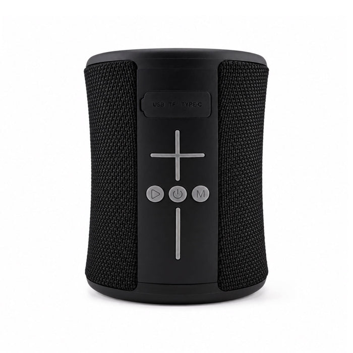 Delta 8W Speaker - A black speaker with a textured surface, featuring control buttons and a USB Type-C port. It has a branded logo.