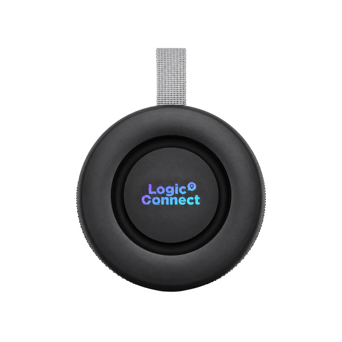 Delta 8W Speaker - A round black speaker with a grey strap, featuring a logo in vibrant colours.