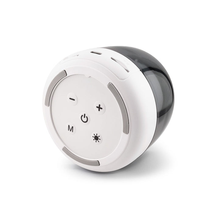 Dazzle RGB Speaker - A round Dazzle RGB Speaker in white and black, featuring control buttons and a logo.