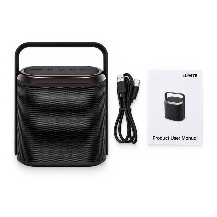 Hudson Bluetooth Speaker - A black Bluetooth speaker with a handle, accompanied by a USB cable and a user manual.