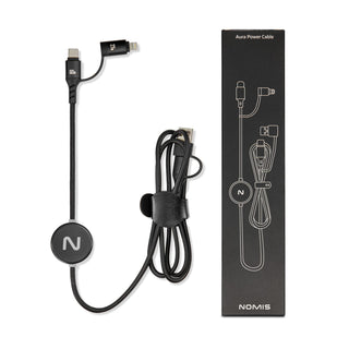 Aura by Nomis Cable - A charging cable featuring a braided design in black with an attached cable holder and a branded round tag.