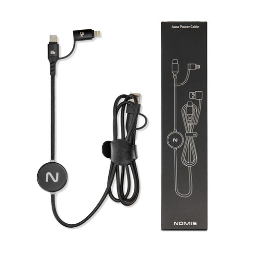 Aura by Nomis Cable - A charging cable featuring a braided design in black with an attached cable holder and a branded round tag.