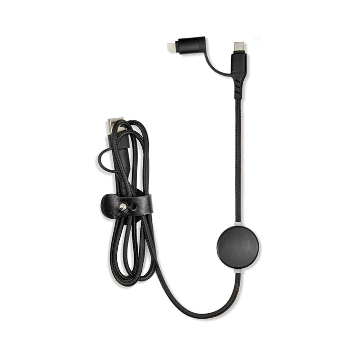 Aura by Nomis Cable - A cable with a round connector, featuring a braided design and a leather wrap for organisation.