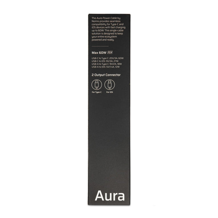 Aura by Nomis Cable - A power cable package featuring a sleek black design, compatible with Type-C devices, with two output connectors.