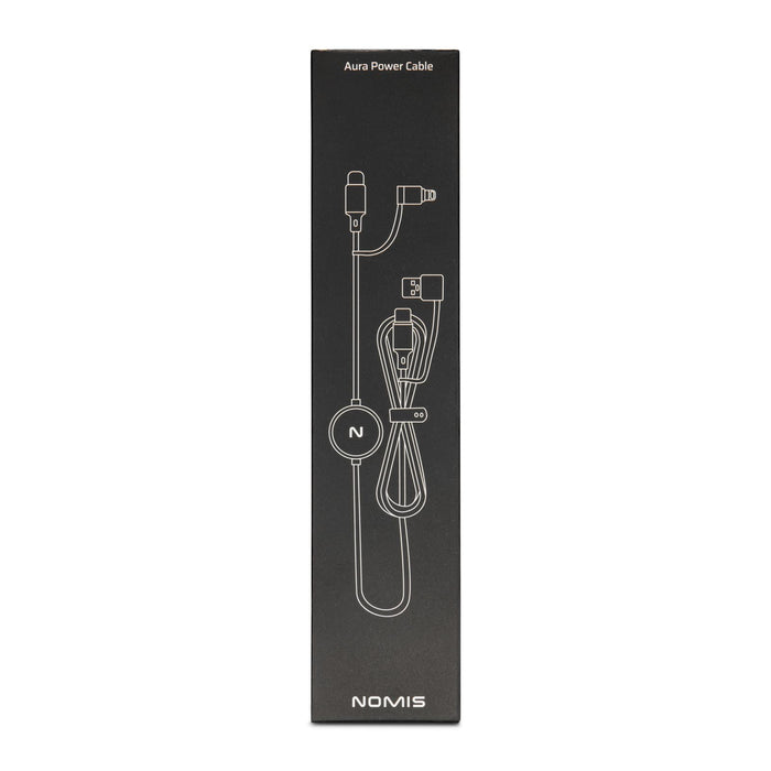Aura by Nomis Cable - A packaging image of a black power cable, featuring a logo and a clear illustration of the cable's components.