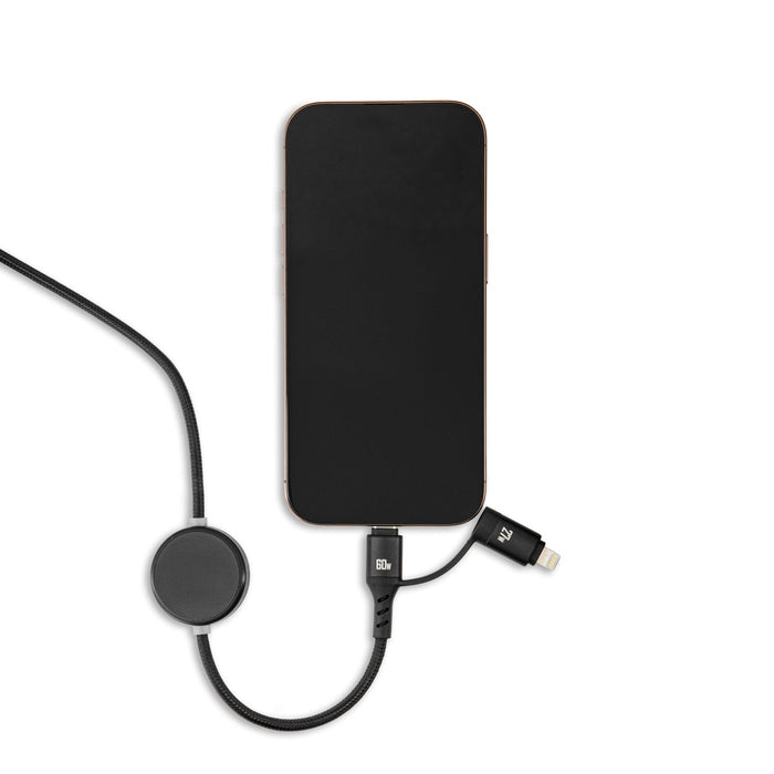 Aura by Nomis Cable - A black charging cable with a round connector, attached to a smartphone, surrounded by a sleek design.