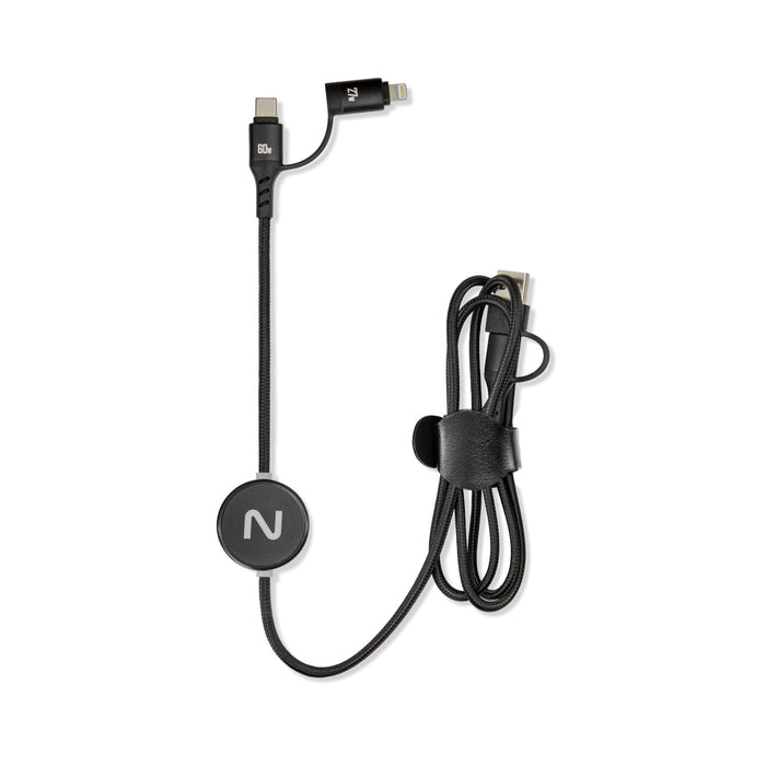 Aura by Nomis Cable - A charging cable in black with a round logo and connectors for different devices, featuring a tied-up design.