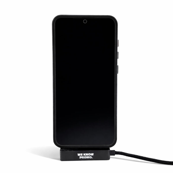 Ultra Power Cable - A black promotional phone stand featuring a charging cable, designed for mobile devices.