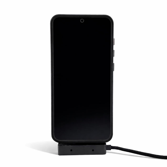 Ultra Power Cable - A black smartphone set on a stand with a charging cable connected, featuring a logo on the cable.