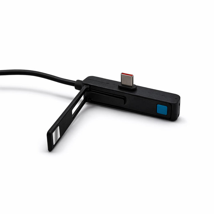 Ultra Power Cable - A black charging cable with a connector and a folding flap, featuring a blue button and a logo.