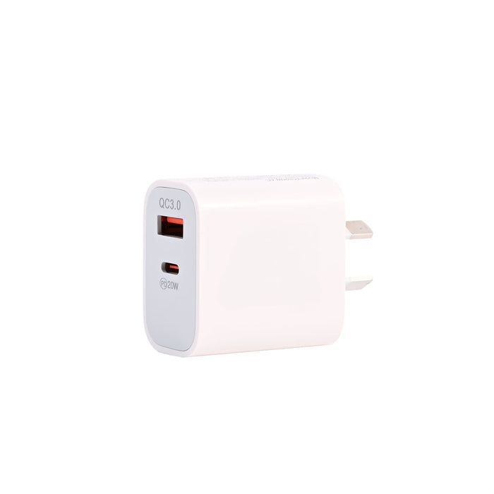 Tech Pack Connect - A white wall charger with a USB-C port and a plug for electrical outlets, featuring a small logo.