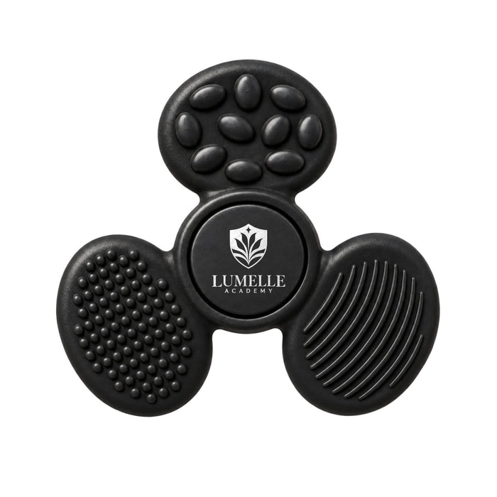 Tactile Fidget Spinner - A black tactile fidget spinner featuring various textured surfaces and a logo in the centre.