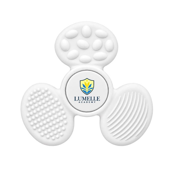 Tactile Fidget Spinner - A white tactile fidget spinner featuring various textured surfaces and a logo in the centre.