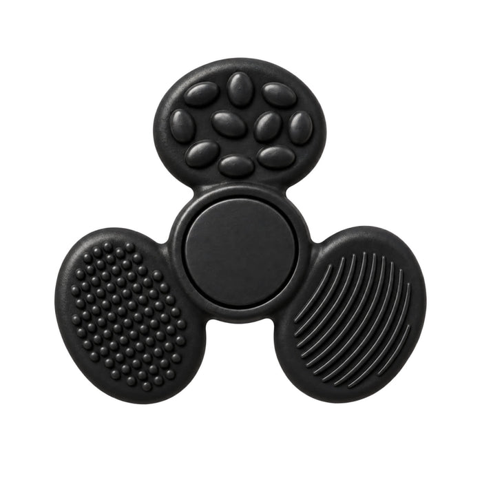 Tactile Fidget Spinner - A black tactile fidget spinner featuring three textured surfaces for sensory feedback. It has a logo on one side.