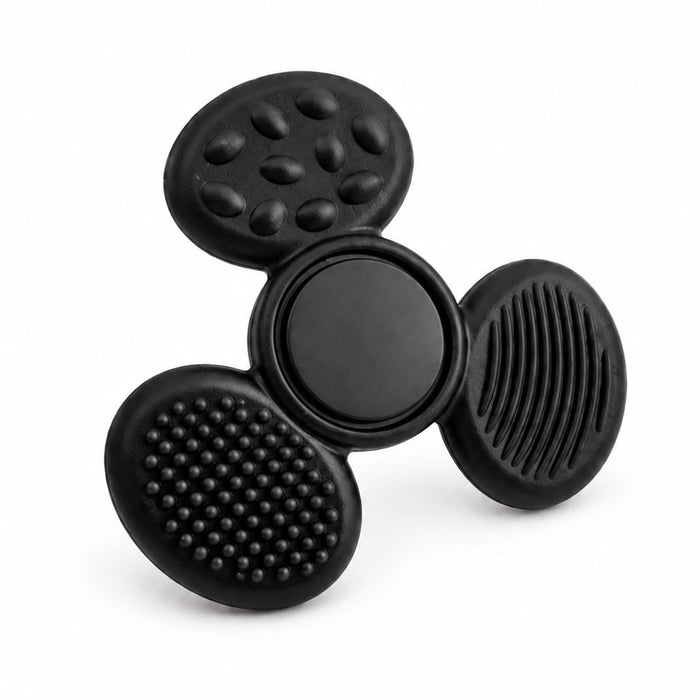 Tactile Fidget Spinner - A tactile fidget spinner in black with various textured surfaces, including bumpy and ribbed sections.