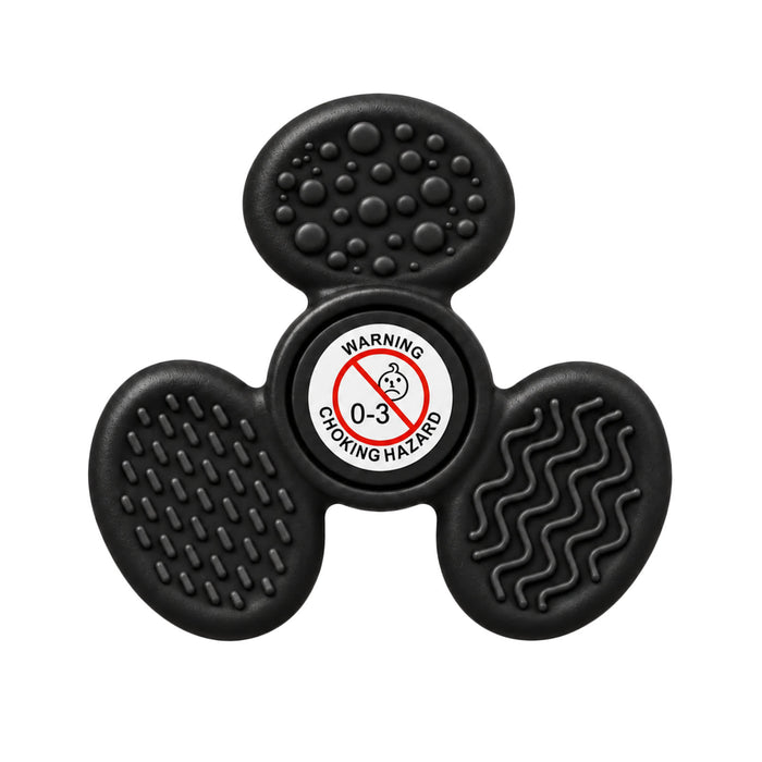 Tactile Fidget Spinner - A tactile fidget spinner in black with various textured surfaces and a central logo.