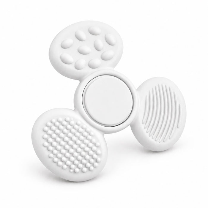 Tactile Fidget Spinner - A white tactile fidget spinner with textured surfaces and a central spinning section. It features various grip patterns.