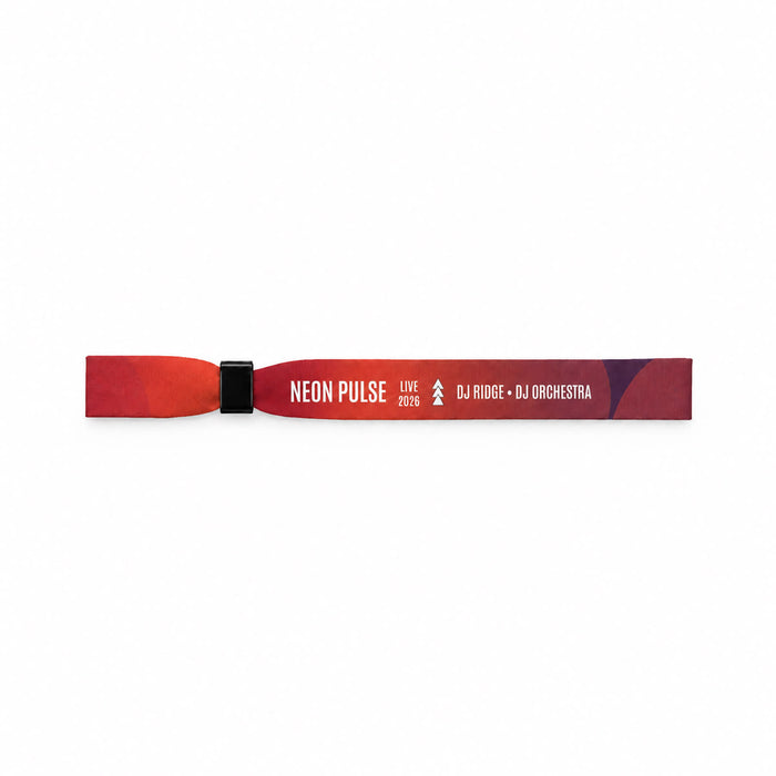 Event Wrist Band - A vibrant red wristband featuring a gradient design with an adjustable clasp and a logo.