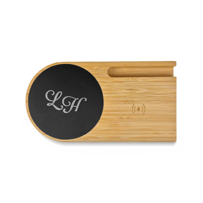 Cup Warmer with Inductive Charger - A bamboo cup warmer with an inductive charger, featuring a black circular charging area and a logo.