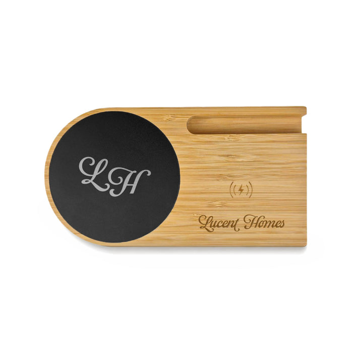 Cup Warmer with Inductive Charger - A bamboo cup warmer with a black induction charging pad, featuring branding on the surface.