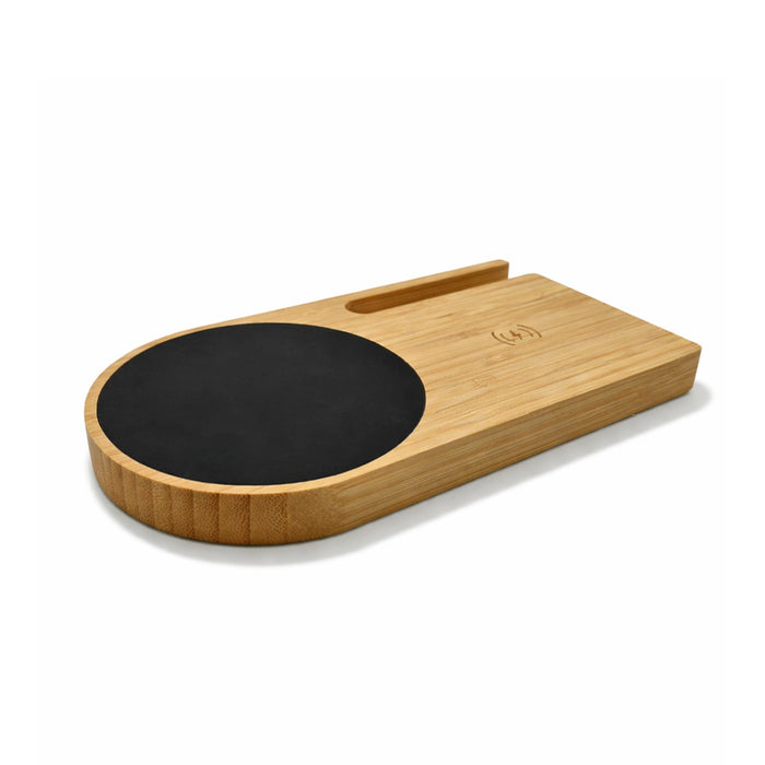 Cup Warmer with Inductive Charger - A cup warmer and inductive charger made of bamboo, featuring a black circular heating surface and a slotted design.