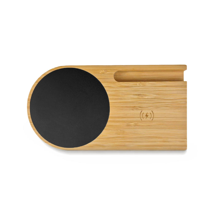 Cup Warmer with Inductive Charger - A bamboo cup warmer with a black circular section and a slot for storage, featuring a logo.