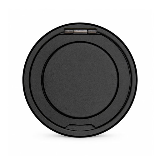 Puck Magnetic Phone and Watch Charger with Stand - A black circular magnetic charger with a stand feature, designed for phones and watches, featuring a logo.