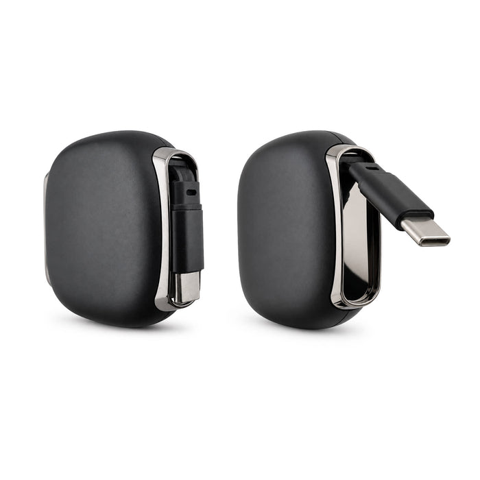 Reel 100W Cable - A compact black cable reel featuring a USB-C connector, with a polished silver clip.