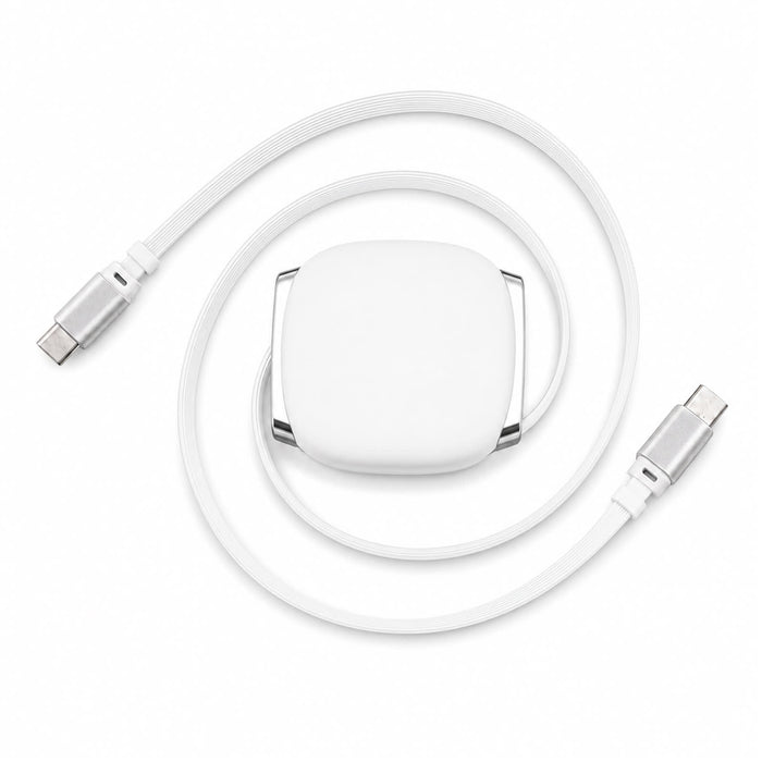 Reel 100W Cable - A white 100W cable with a retractable design, featuring a sleek square casing and USB connectors on each end.