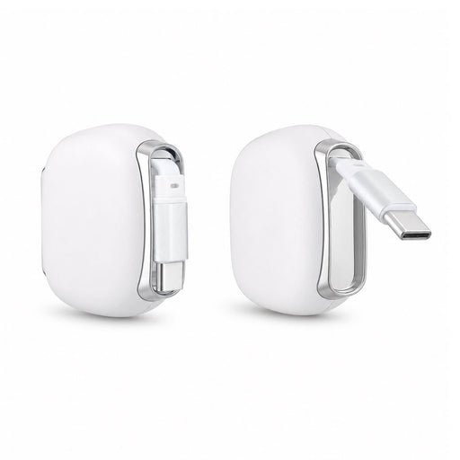 Reel 100W Cable - A white cable reel with a silver clip, featuring USB-C and USB connectors. It has a minimalist design and a branded logo.