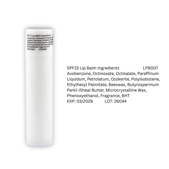 Flavoured Lip Balm SPF - A white lip balm tube with a cylindrical shape, featuring a logo and ingredient list on the side.