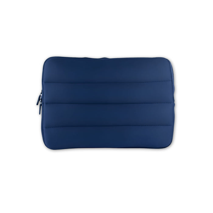 Bubble Neoprene Laptop Sleeve 14 inch - A navy blue neoprene laptop sleeve with a padded design and a zipper closure. It includes a logo.