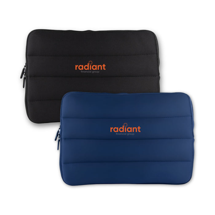 Bubble Neoprene Laptop Sleeve 14 inch - A neoprene laptop sleeve in black and navy with a logo, featuring a padded design for protection.