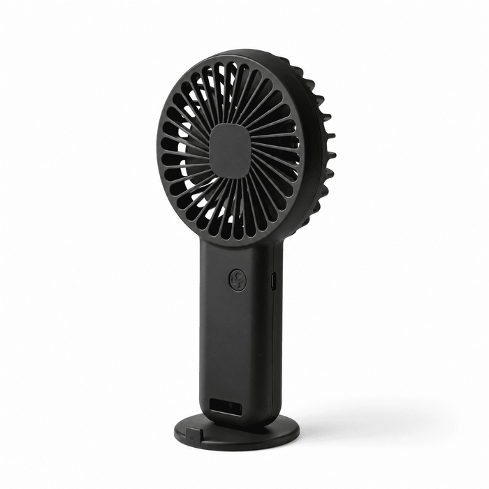 Hybrid Fan - A portable black fan with a circular grille and a sturdy base, featuring a simple design.