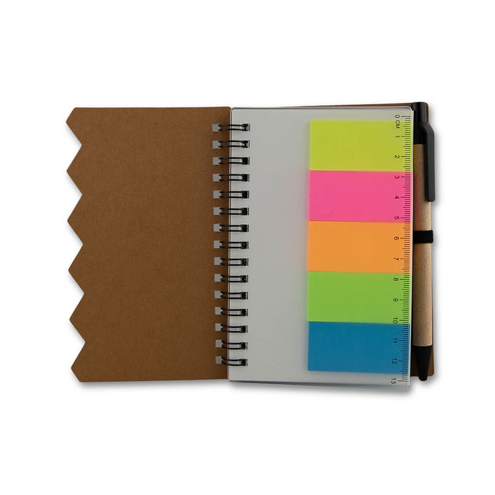 Calton Sticky Note Memo - A brown notebook with spiral binding, featuring bright sticky note sections in neon pink, yellow, and green.