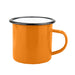 Enamel Camper Mug - An orange enamel camper mug with a black rim and a handle. It features a logo or branding.