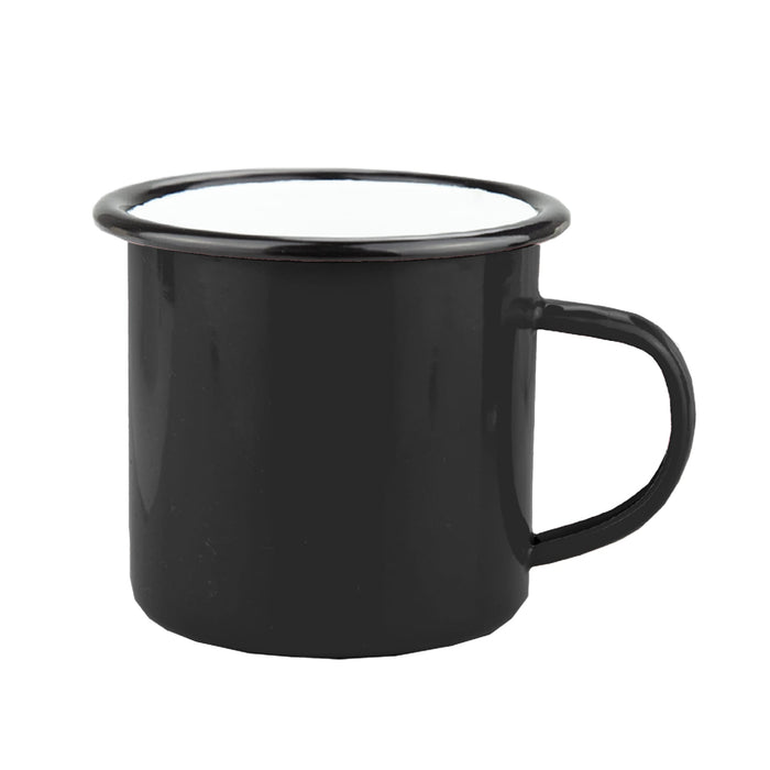 Enamel Camper Mug - A black enamel camper mug with a white interior and a sturdy handle. It features a simple design and has branding.