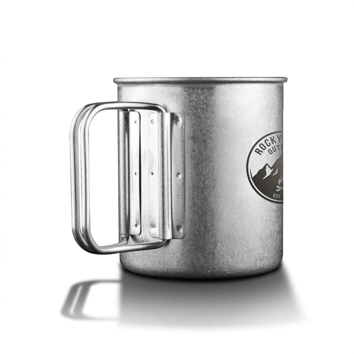 Bush Imitation Titanium Cup - A metallic titanium cup with a sturdy handle and a branded logo, featuring a silver finish and a rugged design.