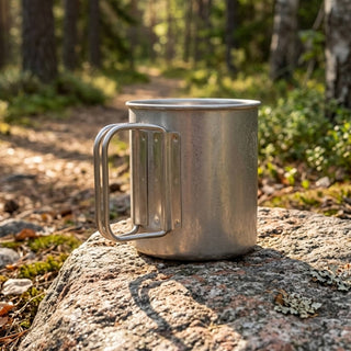 Bush Imitation Titanium Cup - A titanium cup rests on a rock, with a silver metallic finish, surrounded by greenery and a forest path.