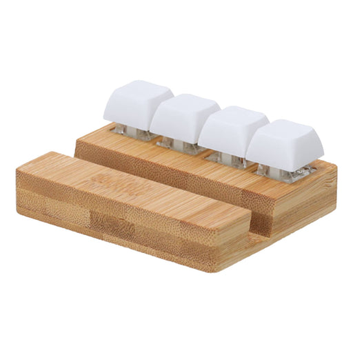 Bamboo Stand Keyboard Stress Reliever - A bamboo stand featuring four white keyboard keys, designed as a stress reliever.