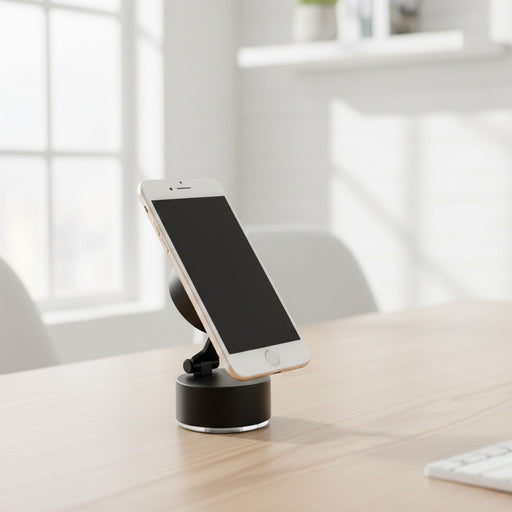 Ajustable Magnetic Mobile Stand - A black adjustable magnetic mobile stand holding a smartphone on a wooden desk, with a bright, sunlit background.