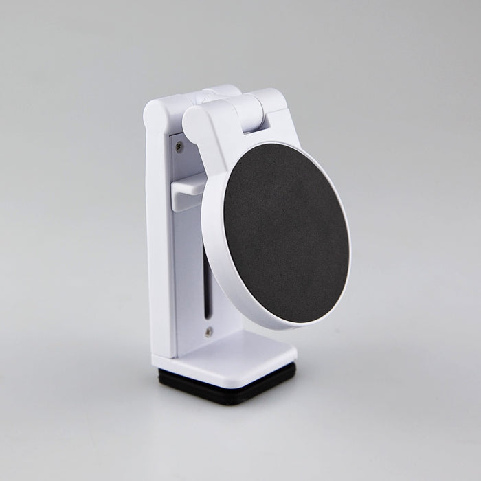 Traveler Mobile Phone Stand - A white mobile phone stand featuring a round black base and adjustable arm for supporting devices.